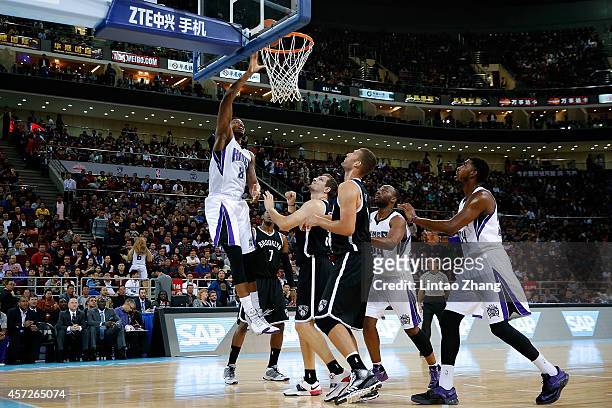 Rudy Gay of Sacramento Kings dunks against during the 2014 NBA Global Games match between the Brooklyn Nets and Sacramento Kings at MasterCard Center...