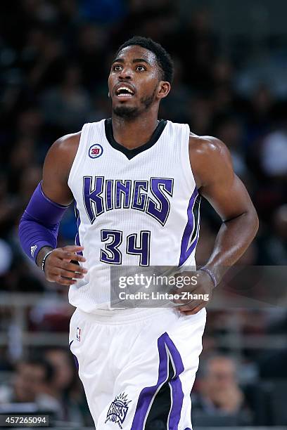 Jason Thompson of Sacramento Kings in action during the 2014 NBA Global Games match between the Brooklyn Nets and Sacramento Kings at MasterCard...