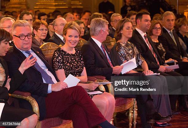Prince Laurent, Queen Mathilde and King Philippe.Princess Claire of Belgium assist the Autumn Concert at the Royal Palace on October 15, 2014 in...
