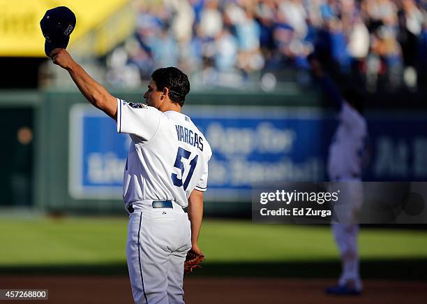 Jason Vargas tips his hat to Alex Gordon of the Kansas City Royals caught a pop up fly ball hit by J.J. Hardy of the Baltimore Orioles in the fifth...