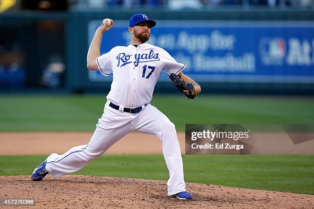 Wade Davis of the Kansas City Royals throws a pitch in the eighth inning against the Baltimore Orioles during Game Four of the American League...