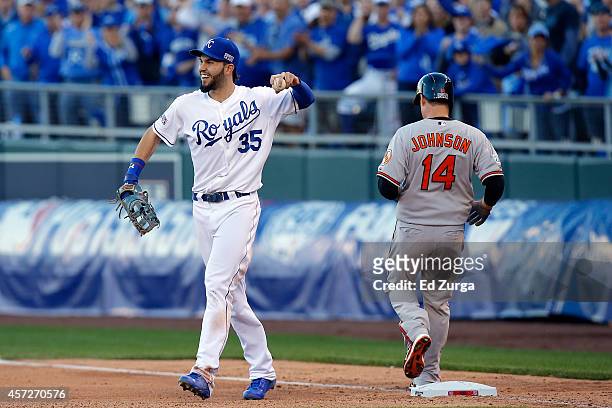 Eric Hosmer of the Kansas City Royals reacts after Kelly Johnson of the Baltimore Orioles grounds out in eighth inning during Game Four of the...