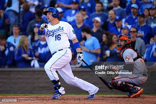Billy Butler of the Kansas City Royals hits a double to left center field in the eighth inning against Andrew Miller of the Baltimore Orioles during...