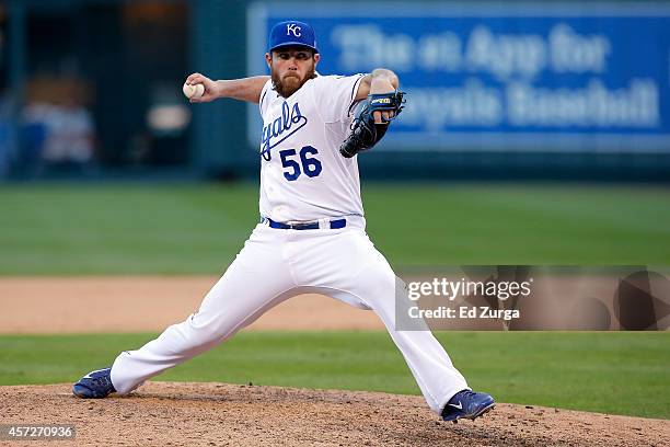 Greg Holland of the Kansas City Royals throws a pitch in the ninth inning against the Baltimore Orioles during Game Four of the American League...