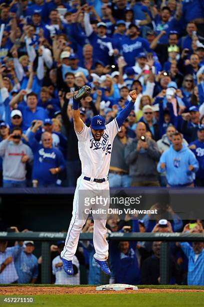 Eric Hosmer of the Kansas City Royals celebrates their 2 to 1 win over the Baltimore Orioles to sweep the series in Game Four of the American League...