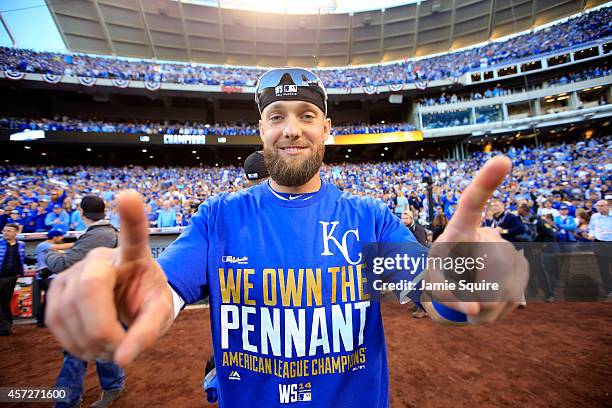 Alex Gordon of the Kansas City Royals celebrates their 2 to 1 win over the Baltimore Orioles to sweep the series in Game Four of the American League...