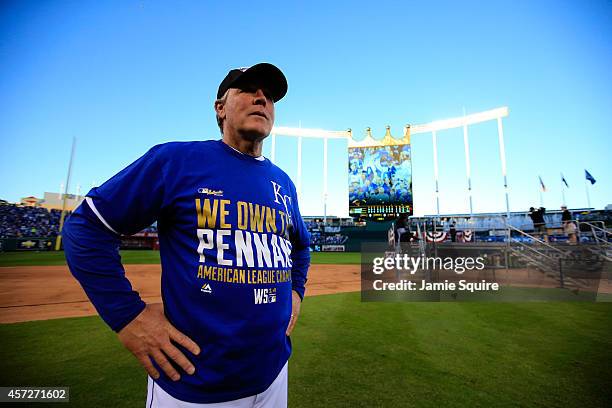 Manager Ned Yost of the Kansas City Royals celebrates their 2 to 1 win over the Baltimore Orioles to sweep the series in Game Four of the American...