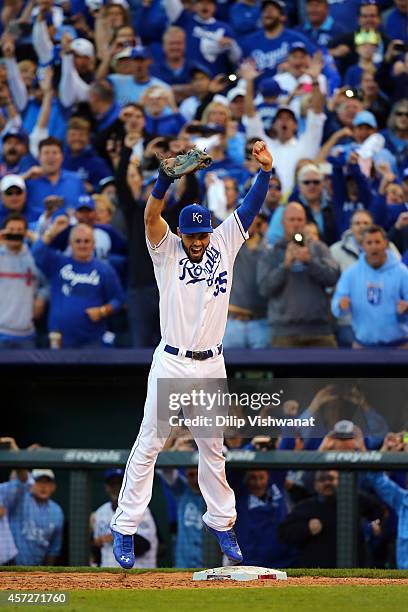 Eric Hosmer of the Kansas City Royals celebrates their 2 to 1 win over the Baltimore Orioles to sweep the series in Game Four of the American League...