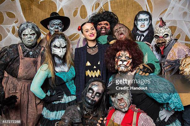 In this handout photo provided by Knott's Scary Farm, Katy Perry visits Knott's Scary Farm October 11, 2014 in Buena Park, California.