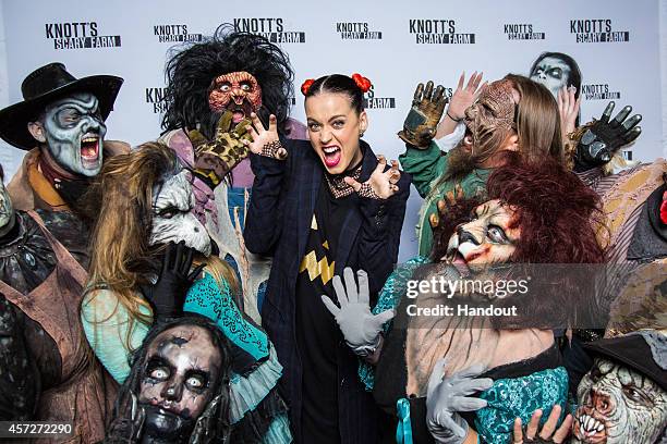 In this handout photo provided by Knott's Scary Farm, Katy Perry visits Knott's Scary Farm October 11, 2014 in Buena Park, California.