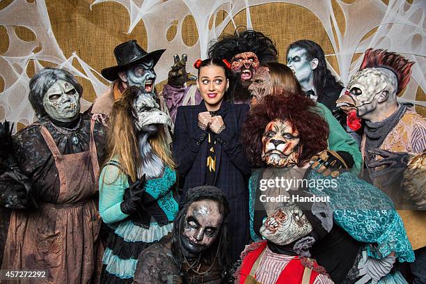 In this handout photo provided by Knott's Scary Farm, Katy Perry visits Knott's Scary Farm October 11, 2014 in Buena Park, California.