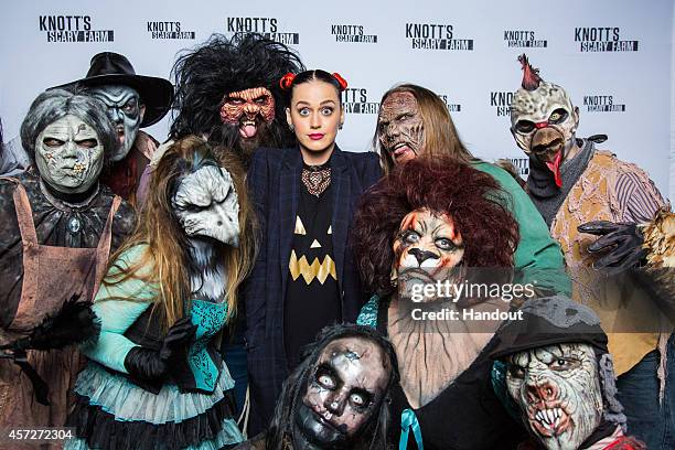 In this handout photo provided by Knott's Scary Farm, Katy Perry visits Knott's Scary Farm October 11, 2014 in Buena Park, California.