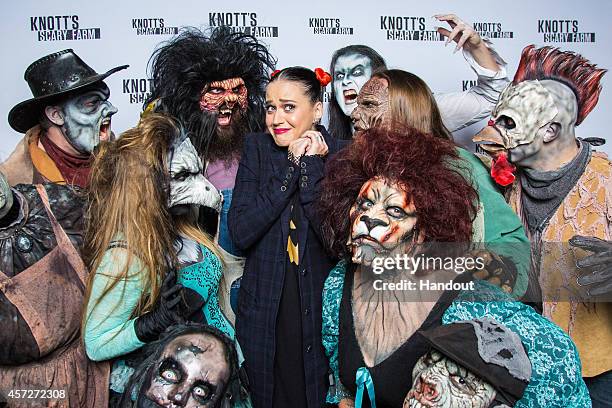 In this handout photo provided by Knott's Scary Farm, Katy Perry visits Knott's Scary Farm October 11, 2014 in Buena Park, California.