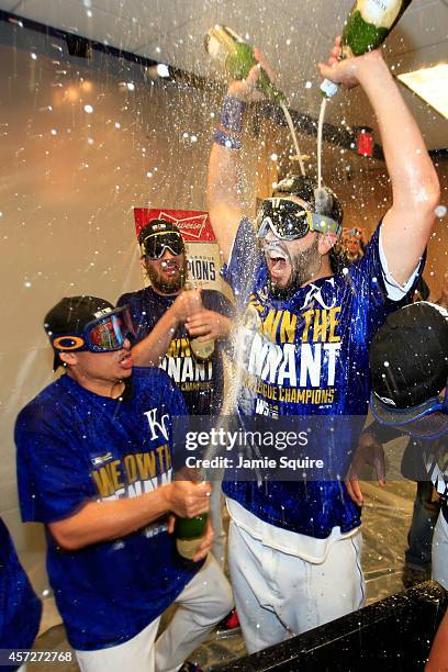 Eric Hosmer of the Kansas City Royals celebrate in the locker room after their 2 to 1 win over the Baltimore Orioles to sweep the series in Game Four...