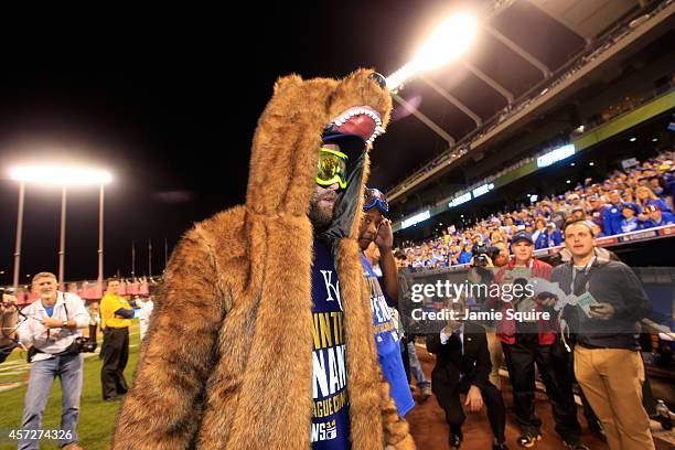 Greg Holland of the Kansas City Royals celebrates their 2 to 1 win over the Baltimore Orioles to sweep the series in Game Four of the American League...