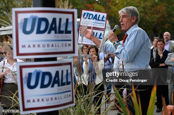 Sen. Mark Udall speaks to supporters as he kicks off his 'Mark Your Ballot' bus tour on October 15, 2014 in Denver, Colorado. Udall is running for...