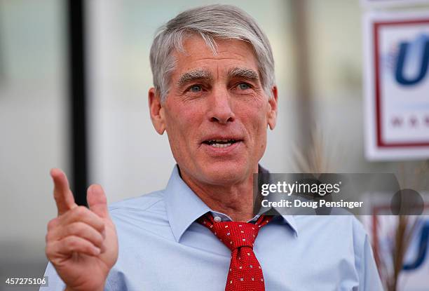 Sen. Mark Udall speaks to supporters as he kicks off his 'Mark Your Ballot' bus tour on October 15, 2014 in Denver, Colorado. Udall is running for...