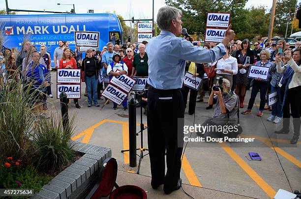 Sen. Mark Udall speaks to supporters as he kicks off his 'Mark Your Ballot' bus tour on October 15, 2014 in Denver, Colorado. Udall is running for...