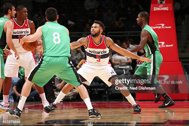 Xavier Silas of the Washington Wizards defends the basket against the Maccabi Haifa during a preseason game at the Verizon Center on October 15, 2014...
