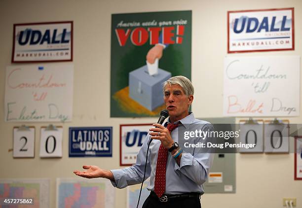 Sen. Mark Udall speaks to his campaign workers at the Thornton field office on October 15, 2014 in Thornton, Colorado. Udall is running for...