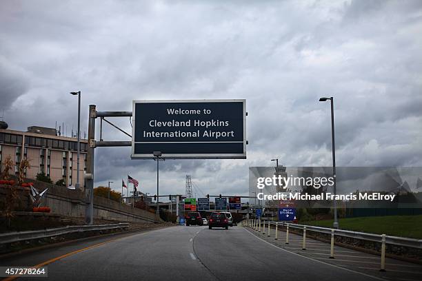 Sign marks the entrance to Cleveland Hopkins Airport on October 15, 2014 in Cleveland, Ohio. Recently diagnosed Ebola patient, health care worker...