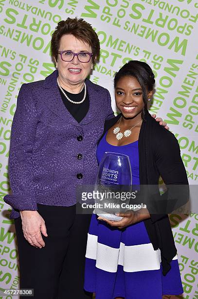 Billie Jean King presents back-to-back World Gymnastics Champion Simone Biles with the Sportswoman of the Year Award during the Womens Sports...