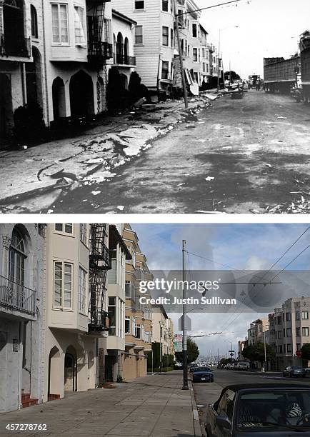 In this before-and-after composite image, A view of damaged homes along Divisadero Street following the Loma Prieta earthquake on October 17, 1989 in...