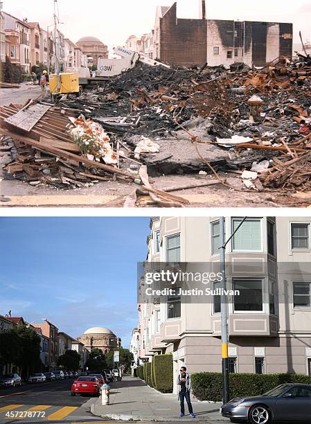In this before-and-after composite image, A worker surveys the damage caused by the fire in San Francisco's Marina District after the Loma Prieta...