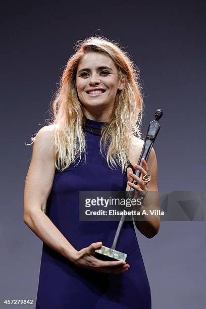 Greta Scarano poses with the award during the Premio Afrodite 2014 at Capitol Club on October 15, 2014 in Rome, Italy.
