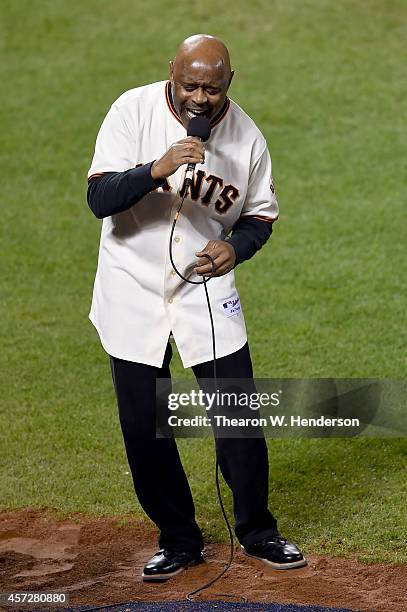 Singer Tony Lindsay performs during the seventh inning as the San Francisco Giants take on the St. Louis Cardinals during Game Four of the National...