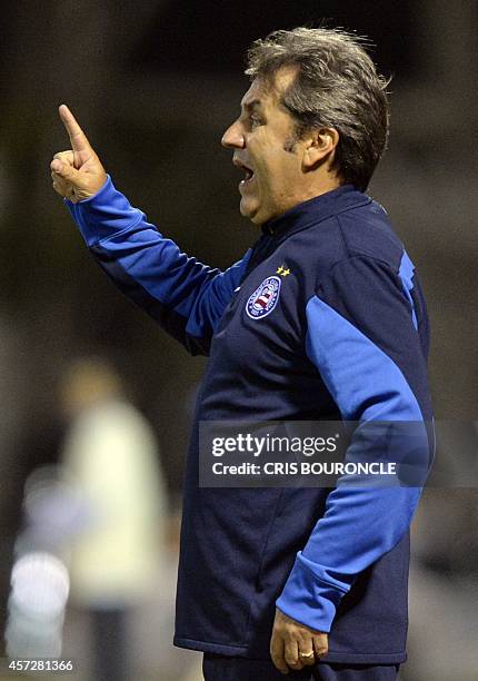 Brazils Esporte Clube Bahia head coach Gilson Kleina yells instructions to footballers on the pitch during their Copa Sudamericana football game...