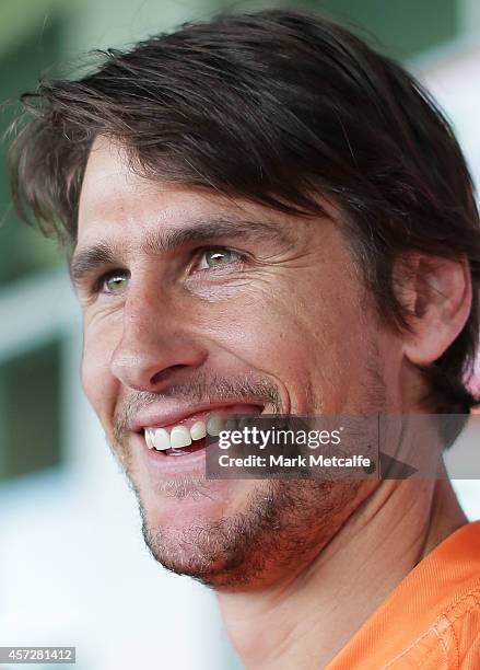 Ryan Griffen smiles as he speaks to media during a Greater Western Sydney Giants AFL media session at Skoda Stadium on October 16, 2014 in Sydney,...