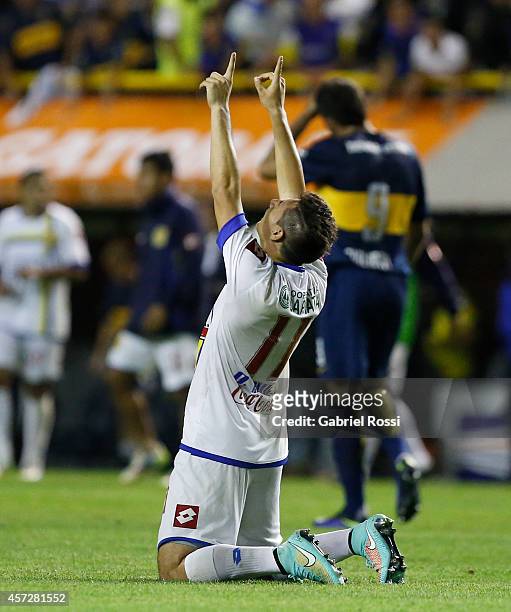 Óscar Ruiz of Deportivo Capiata celebrates after winning a match between Boca Juniors and Deportivo Capiata as part of round of 16 of Copa Total...