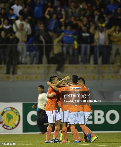 Perus Cesar Vallejo players celebrate the goal by William Chiroque at the last moments of their Copa Sudamericana football game against Brazils...