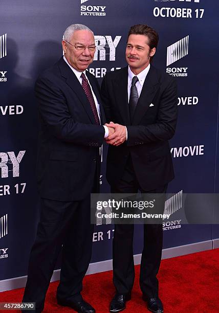 Colin Powell and Brad Pitt attend the "Fury" Washington DC Premiere at The Newseum on October 15, 2014 in Washington, DC.
