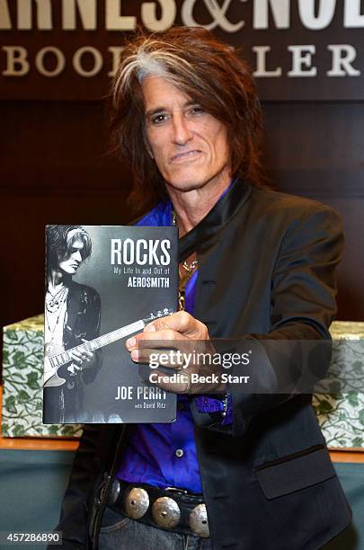 Musician Joe Perry signs copies of his new book "Rocks: My Life In and Out of Aerosmith" at Barnes & Noble bookstore at The Grove on October 15, 2014...