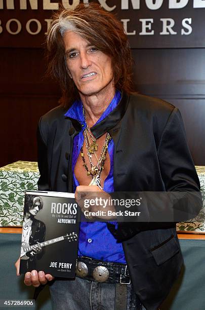 Musician Joe Perry signs copies of his new book "Rocks: My Life In and Out of Aerosmith" at Barnes & Noble bookstore at The Grove on October 15, 2014...