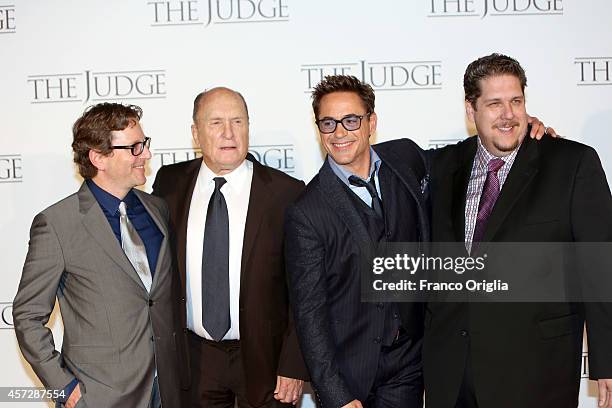 Director David Dobkin, Robert Duvall, Robert Downey Jr. And producer David Gambino attend 'The Judge' Rome Premiere at the Cinema Moderno on October...