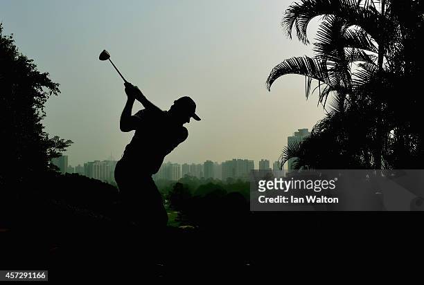 Ernie Els of South Africa in action during the first round of the 2014 Hong Kong open at The Hong Kong Golf Club on October 16, 2014 in Hong Kong,...