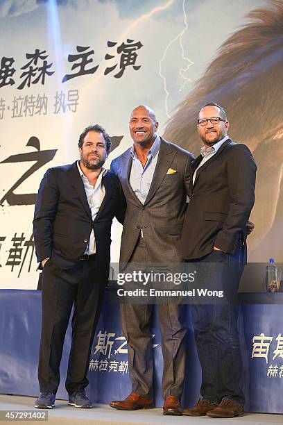 Film Director Brett Ratner, actor Dwayne Johnson and producer Beau Flynn attend the press conference of Paramount Pictures 'HERCULES' at The China...