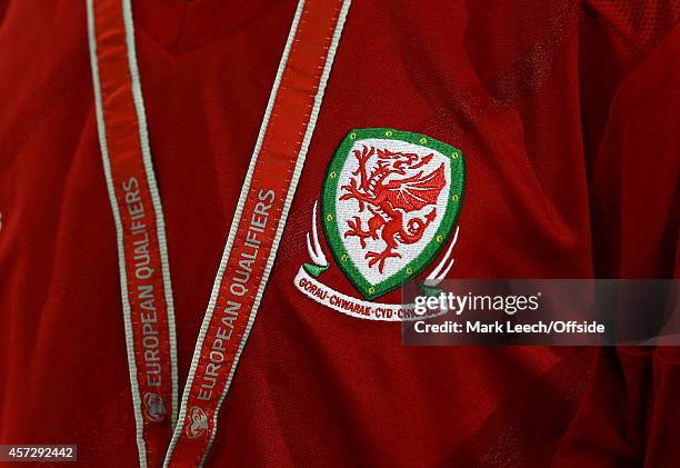European qualifying branding on a lanyard next to the logo of the Wales Football Association during the EURO 2016 Qualifier match between Wales and...