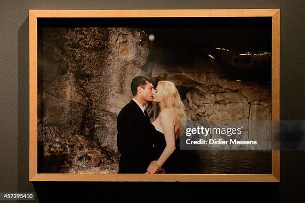 An original print from the film kiss in La Dolce Vita is shown as part of the Fellini Exhibition at Caermersklooster on October 15, 2014 in Ghent,...