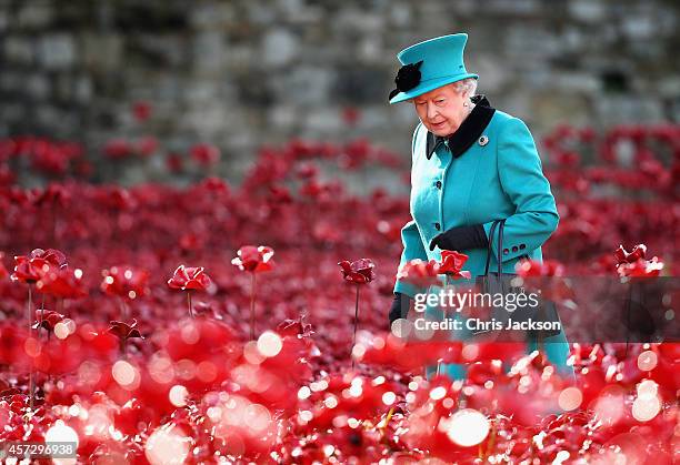 Queen Elizabeth II visits the Blood Swept Lands and Seas of Red evolving art installation at the Tower of London on October 16, 2014 in London,...