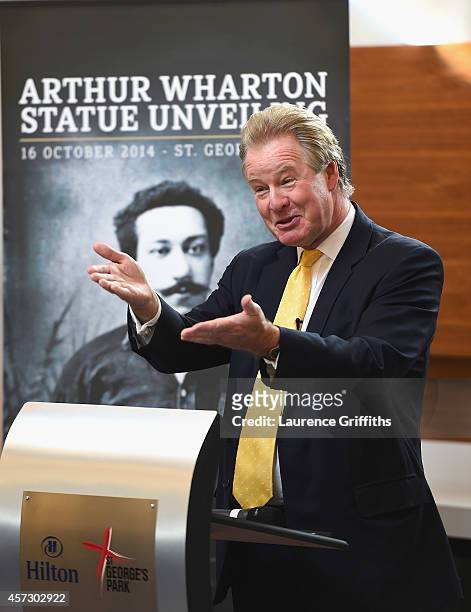 St George's Park chairman David Sheepshanks delivers a speech at the unveiling of the Arthur Wharton Statue at St George's Park on October 16, 2014...