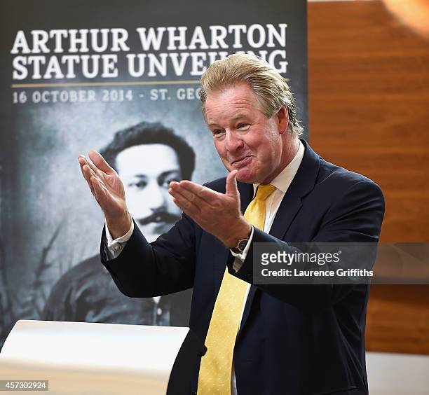 St George's Park chairman David Sheepshanks delivers a speech at the unveiling of the Arthur Wharton Statue at St George's Park on October 16, 2014...