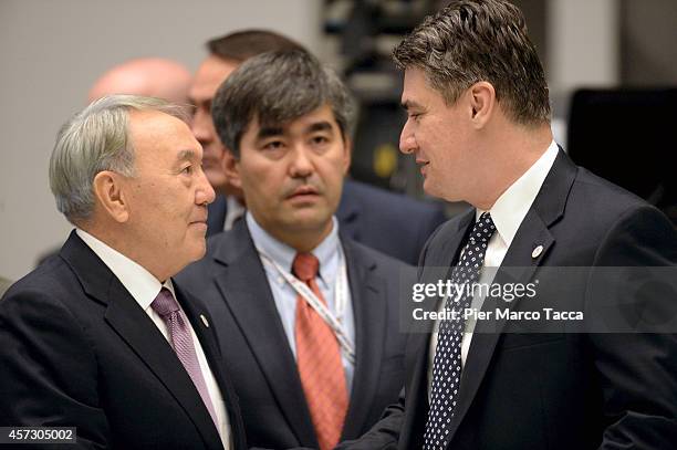 President of Kazakhstan Nursultan Nazarbayev and Prime Minister of Croatia Zoran Milanovic attend the 10 ASEM Summit with 50 Heads Of State From...