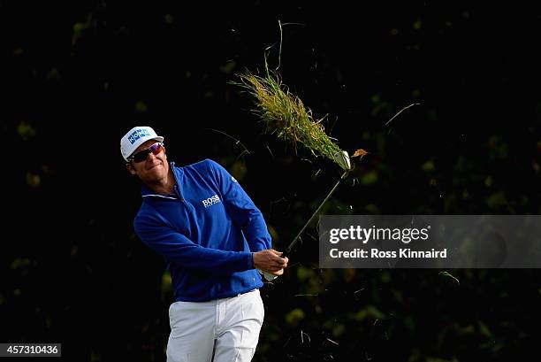 Mikko Ilonen of Finland in action during the first round matches of the Volvo World Match Play Championship at The London Club on October 16, 2014 in...