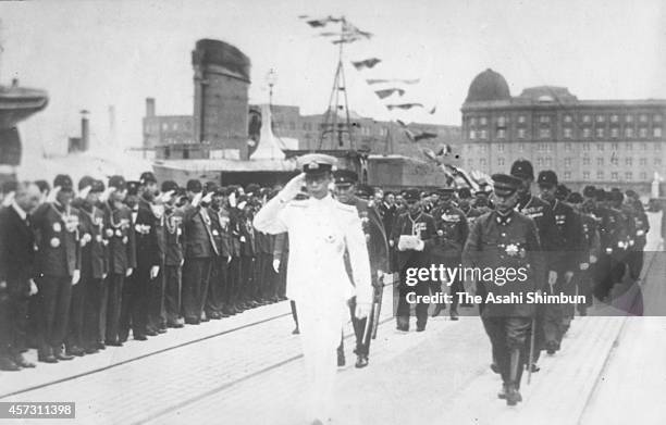 Manchukuo, puppet state of Imperial Japan, Emperor Aisin-Gioro Puyi, or Henry Puyi, salutes as he visits Japan on June 26, 1940 in Tokyo, Japan.