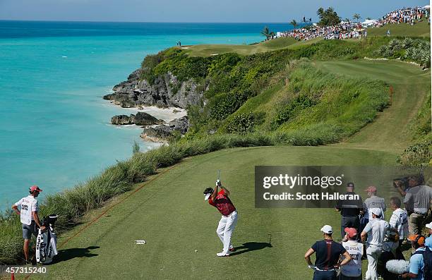 Bubba Watson of the United States hits his tee shot on the 16th hole during the final day of the PGA Grand Slam of Golf at Port Royal Golf Course on...