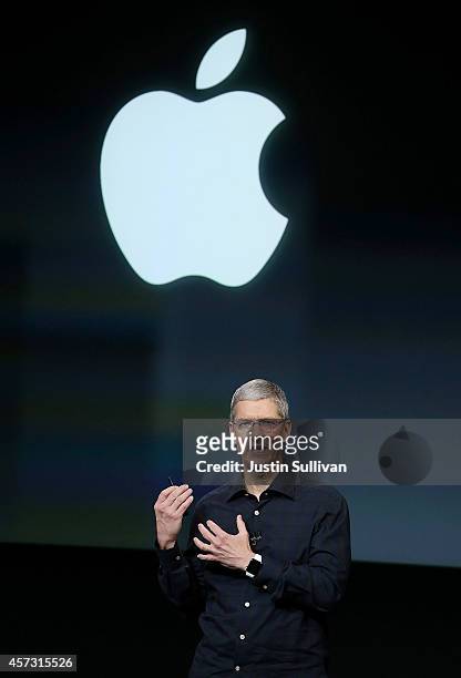 Apple CEO Tim Cook speaks during an Apple special event on October 16, 2014 in Cupertino, California. Apple unveiled the new iPad Air 2, iPad mini 3...